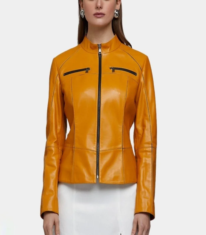 New Womens Slim Fit Yellow Leather Jacket