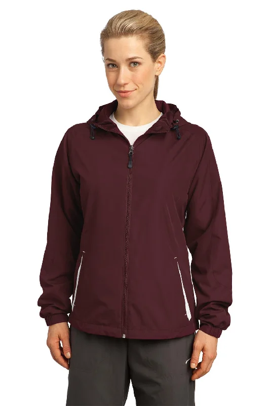 Sport-Tek Womens Water Resistant Full Zip Hooded Jacket - Maroon/White