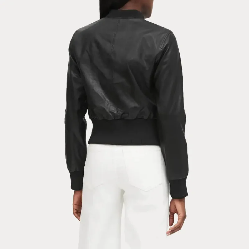 Women Cropped Black Bomber Jacket