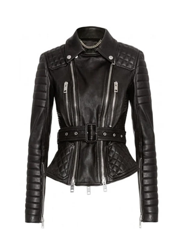 Women Quilted Motorcycle Black Leather Jacket