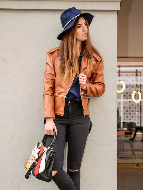 Women’s Chic Lapel Zipper Up Slim Fit Brown Leather Jacket