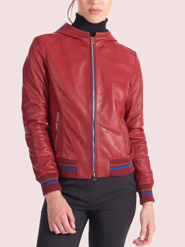 Women’s Red Bomber Hooded Leather Jacket