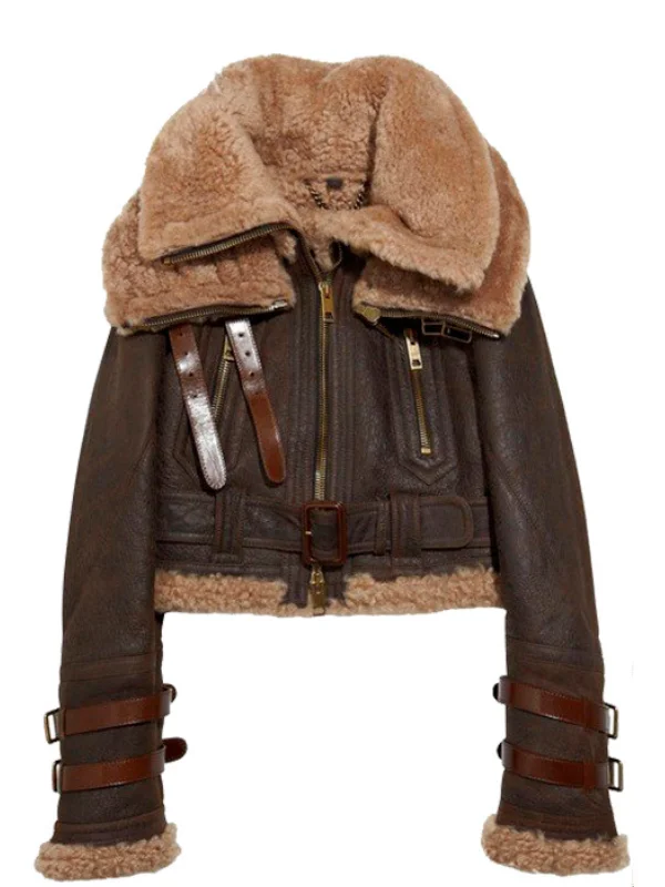 Women Shearling Flight Brown Bomber Leather Jacket