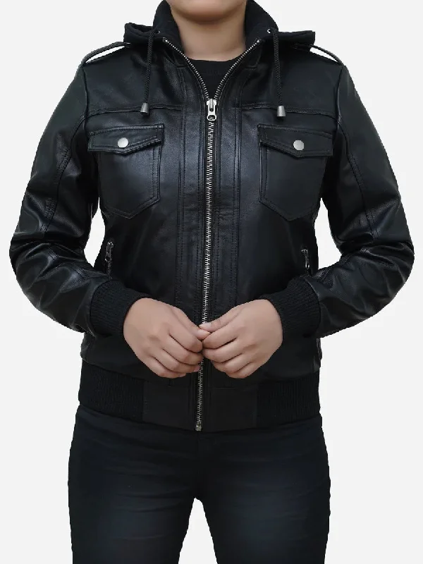 Women's Black Real Bomber Leather Hoodie Jacket