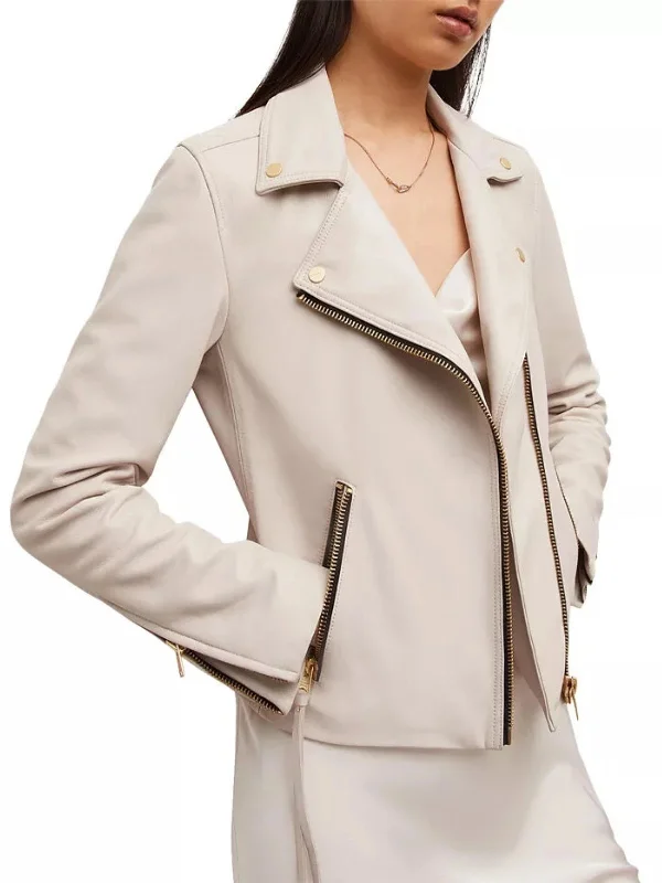 Womens Delby Ivory White Leather Jacket