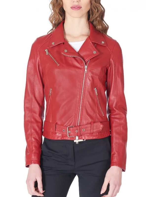 Womens Red Genuine Leather Bomber style Jacket