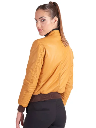 Womens Stylish Yellow Genuine Leather Bomber Jacket