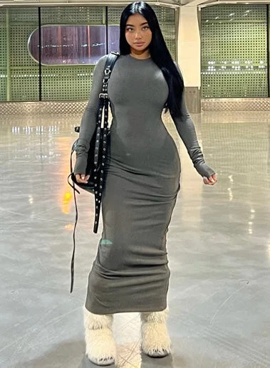 Aliyah Solid Color Long Sleeve Slim Bodycon Long Dress