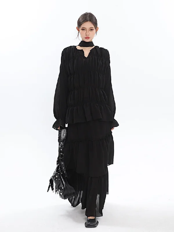 Bailon Solid Color Black Chiffon Pleated Layered Long Blouse Skirt Dress Matching Set