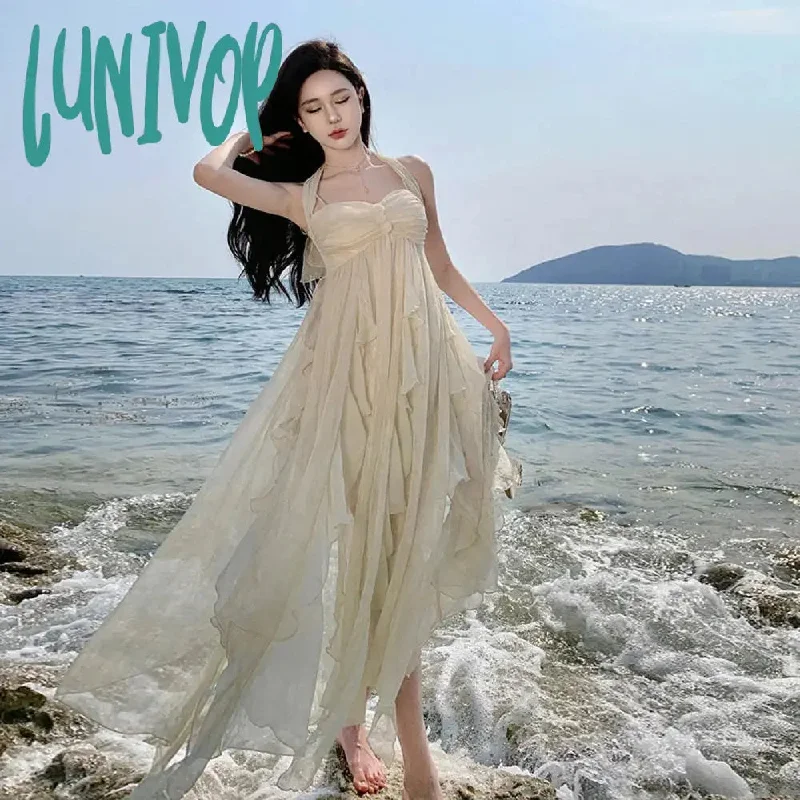 Lunivop France Fashion Irregular Beach Strap Mid-length Dress Female Elegant Chiffon Fairy Party Vestidos Korea Summer Casual Clothing