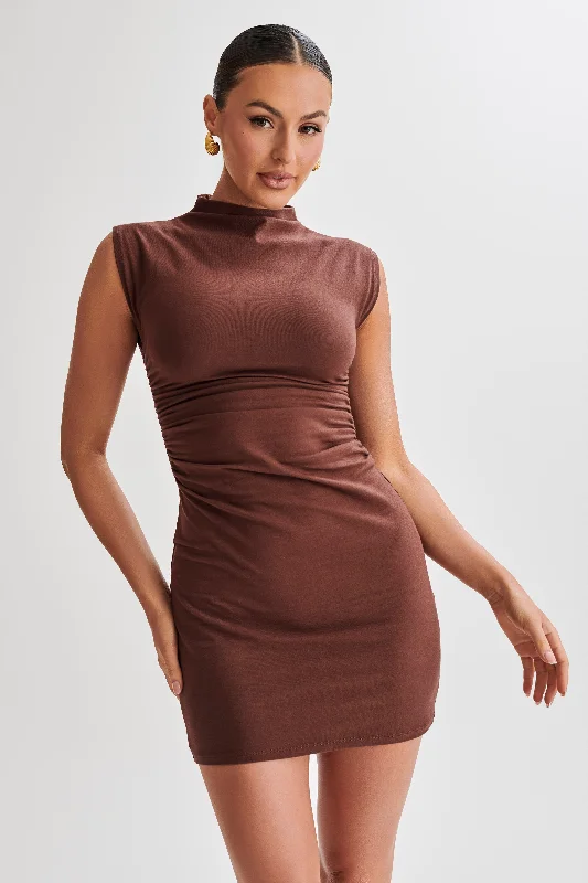 Melania High Neck Mini Dress - Mocha