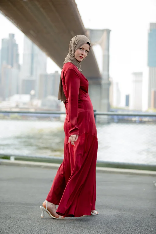 Red Criss Cross Satin Long Sleeve Maxi Dress