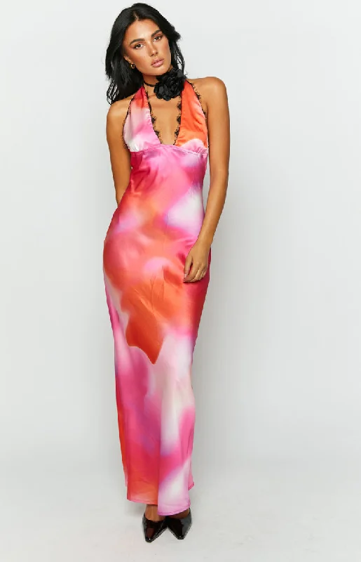 Valletta Pink Print Halter Neck Maxi Dress