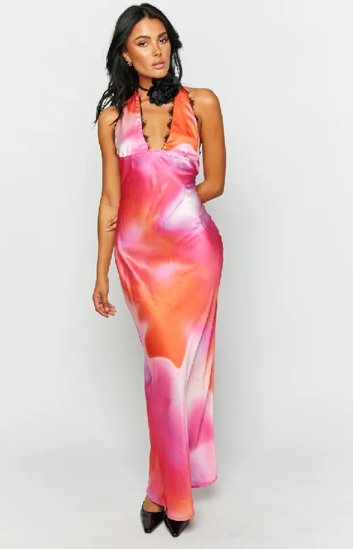 Valletta Pink Print Halter Neck Maxi Dress