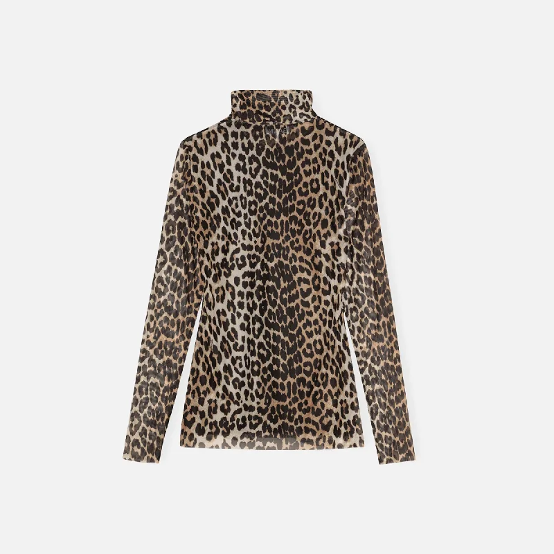 Ganni Printed Mesh Long Sleeve Rollneck - Leopard