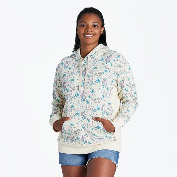 Women's Botanical Butterfly Pattern Simply True Fleece Hoodie - Putty White