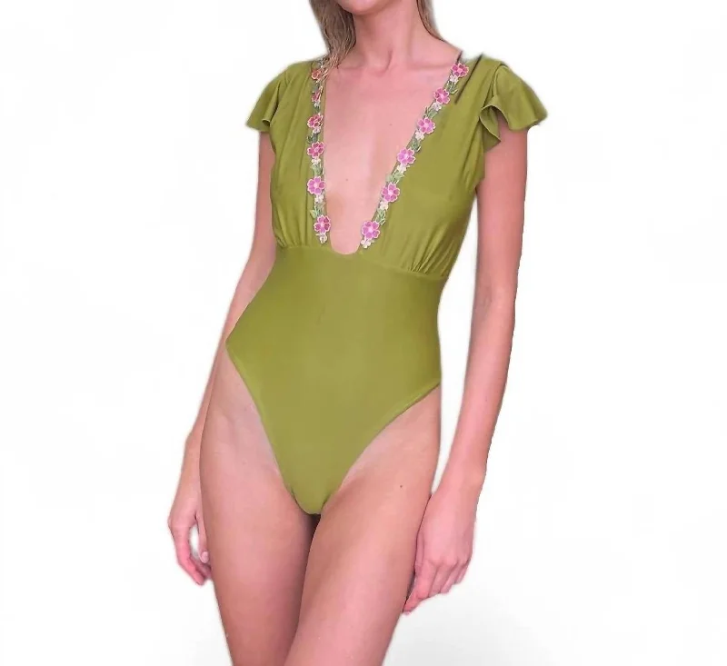 One Piece With Embroidered Flowers In Green