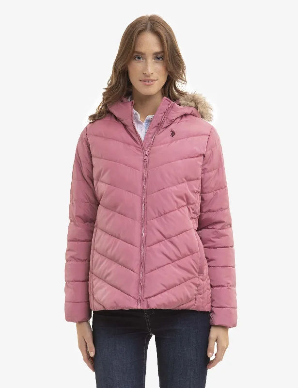 COZY FAUX FUR HOOEDED PUFFER JACKET