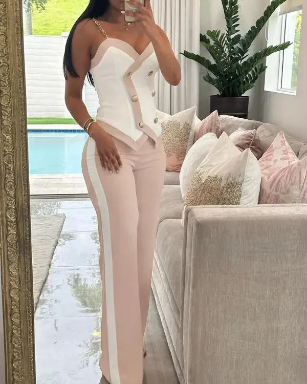 Double Breasted Chain Strap Cami Top & Straight Leg Pants Set