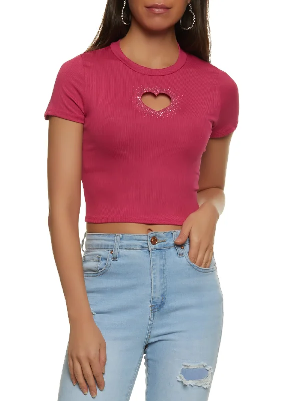 Rhinestone Heart Cut Out Crop Top