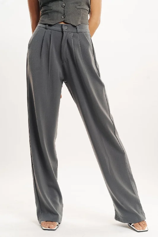 Grey Pleated Straight Fit Korean Pant