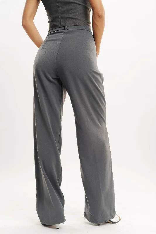 Grey Pleated Straight Fit Korean Pant