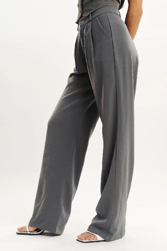 Grey Pleated Straight Fit Korean Pant