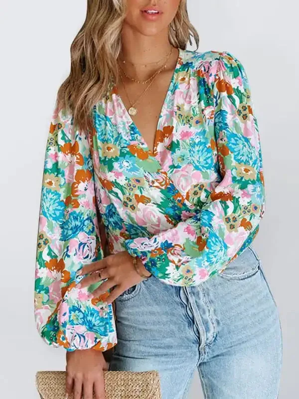 Women’s Floral Print Wrap Puff Sleeve Top