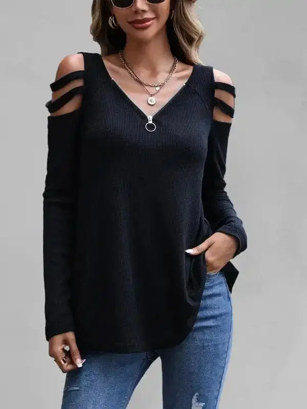 Women’s Off Shoulder Zipper Long Sleeve Waffle T-Shirt Top