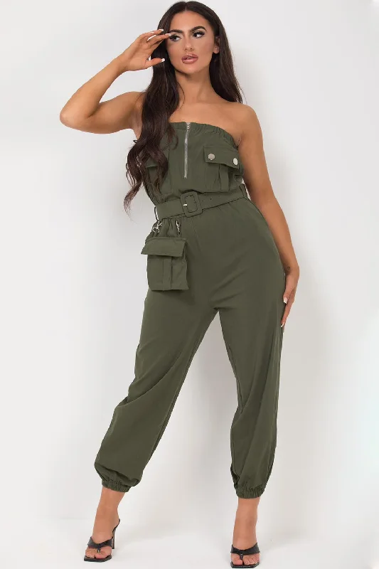 Bardot Cargo Utility Belted Jumpsuit Khaki