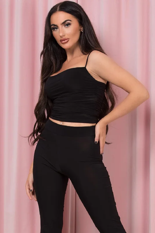 Black Ruched Slinky Top With Spaghetti Straps