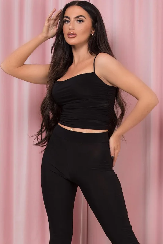 Black Ruched Slinky Top With Spaghetti Straps