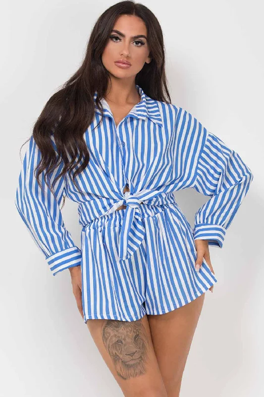 Blue Striped Oversized Shirt And Shorts Set