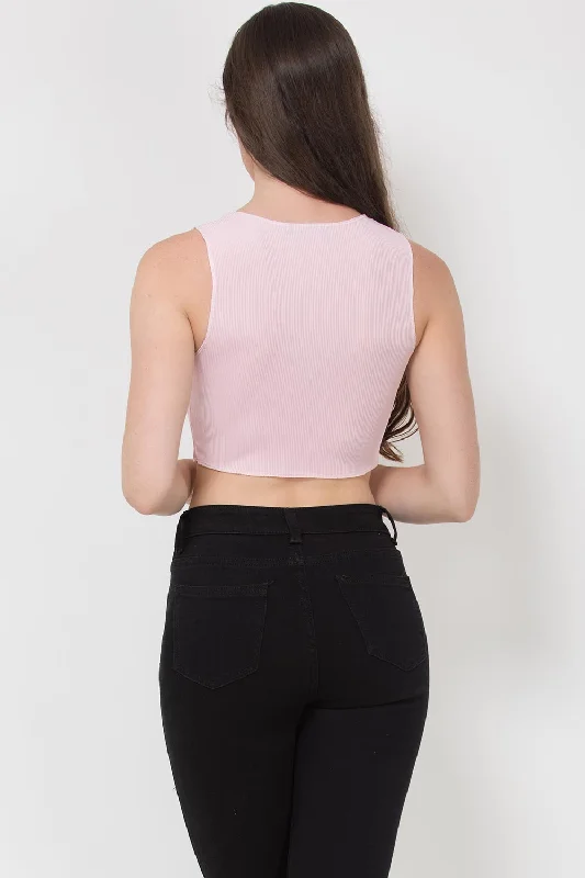 Contrast Overlock Stitch Ribbed Crop Top Pink