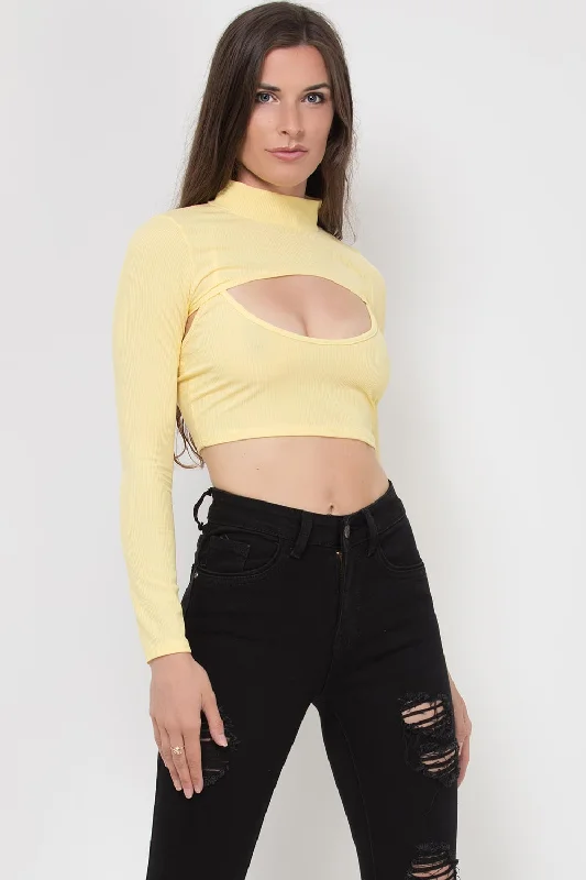 Front Cut Keyhole Long Sleeve Crop Top Yellow