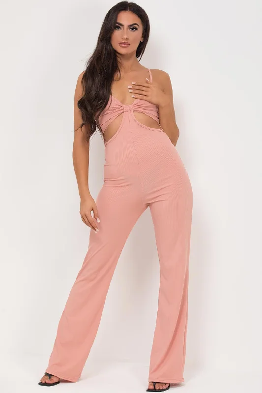 Pink Cut Out Front Rib Jumpsuit