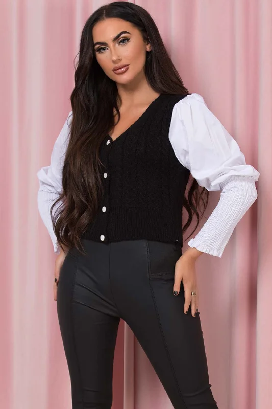 Puff Sleeve Knitted cardigan Top Black And White