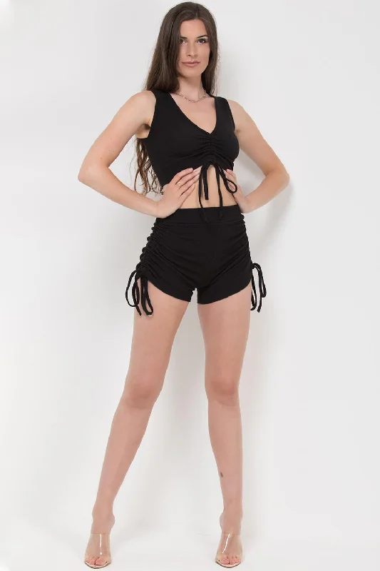 Ruched Rib Shorts Crop Top Co-Ord Set Black