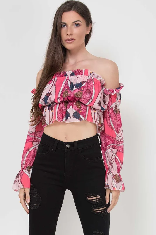 Scarf Print Ruffle Off Shoulder Crop Top Pink