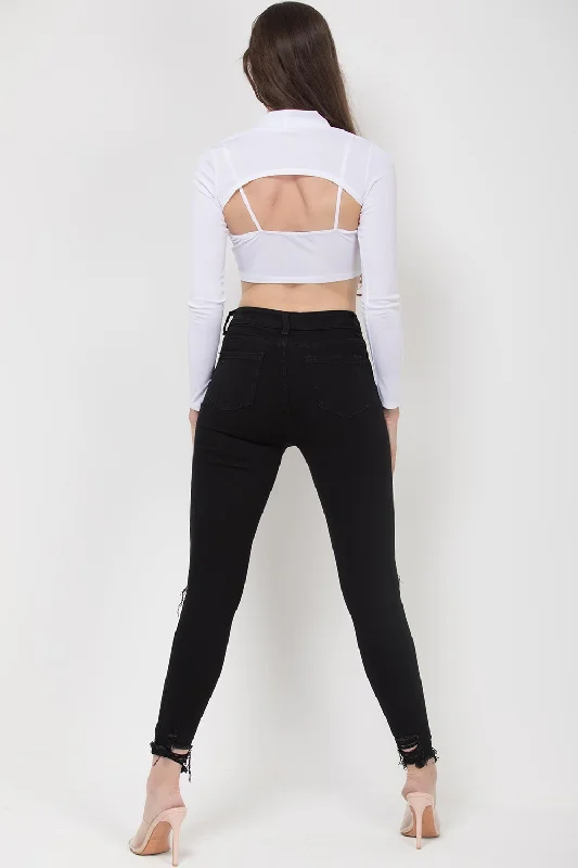 White Front Keyhole Cut Long Sleeve Crop Top