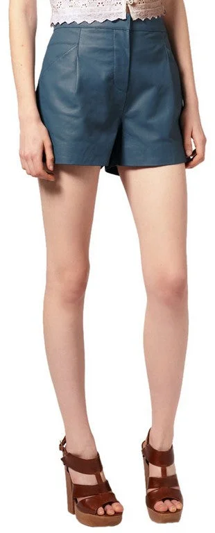 Women's Bold Blue Leather Shorts with Practical Pockets WH08