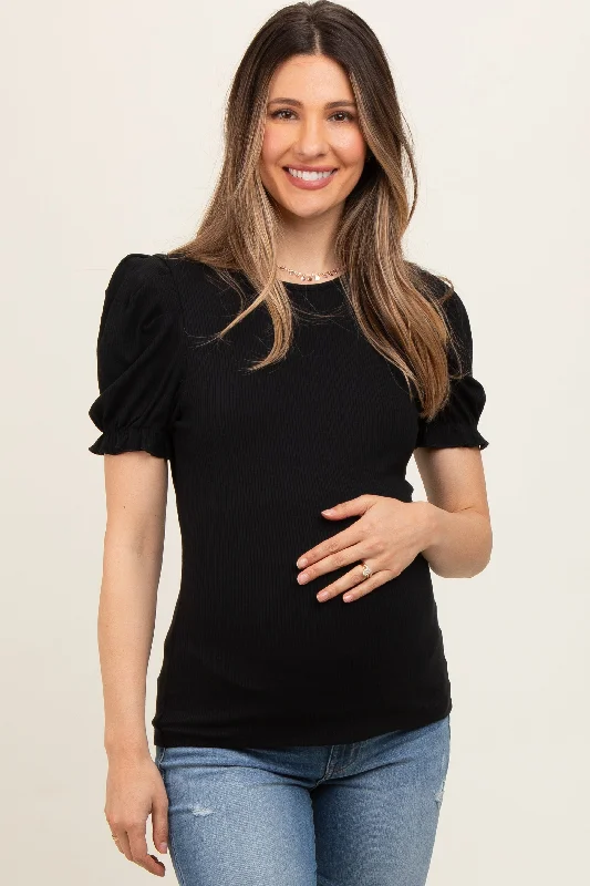 Black Ribbed Puff Sleeve Maternity Top