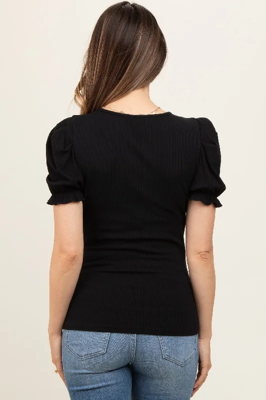 Black Ribbed Puff Sleeve Maternity Top