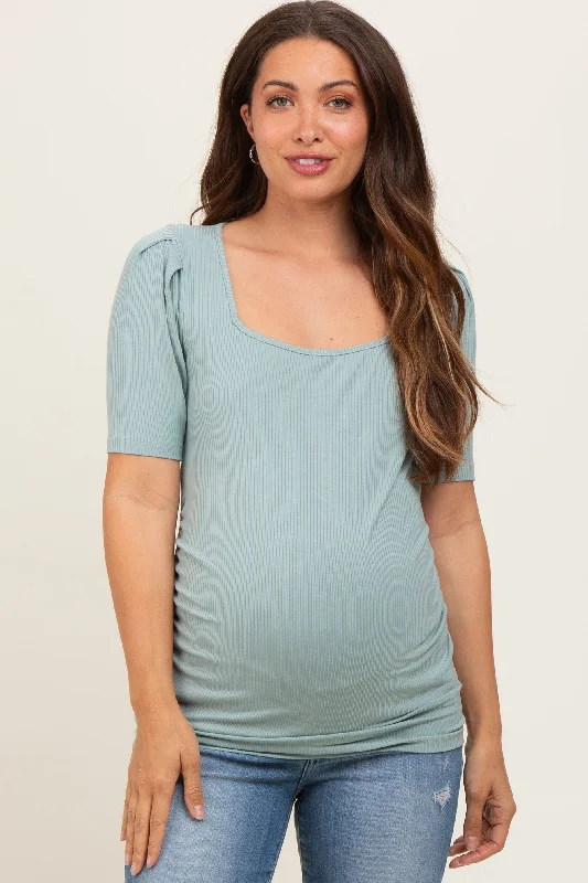 Mint Ribbed Ruched Square Neck Puff Sleeve Maternity Top